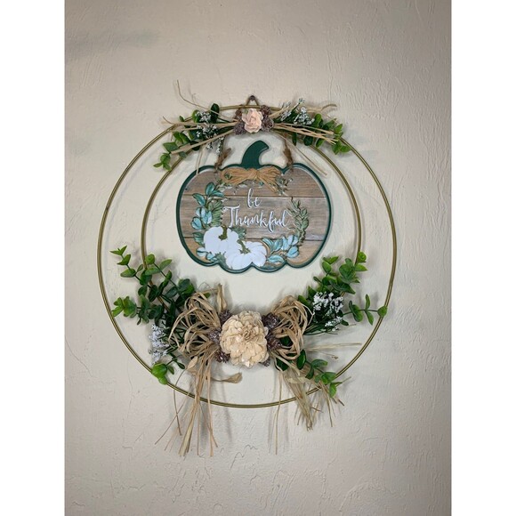 Be Thankful Fall Wreath 14in Eucalyptus Pumpkin Gold Wire Minimalist Decor - Picture 3 of 6
